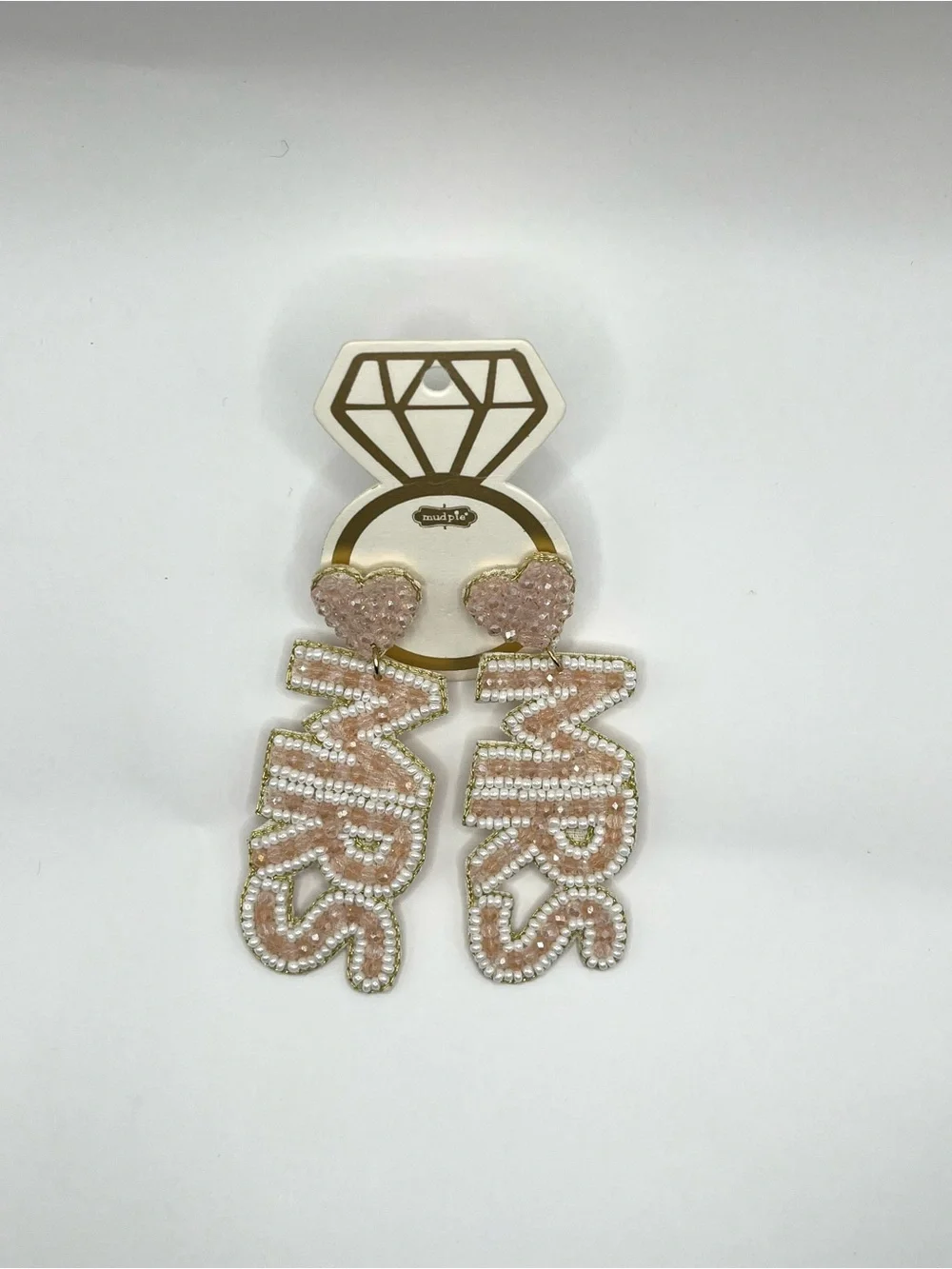 Beaded 'Mrs' Drop Earrings with Pink Heart Studs NWT